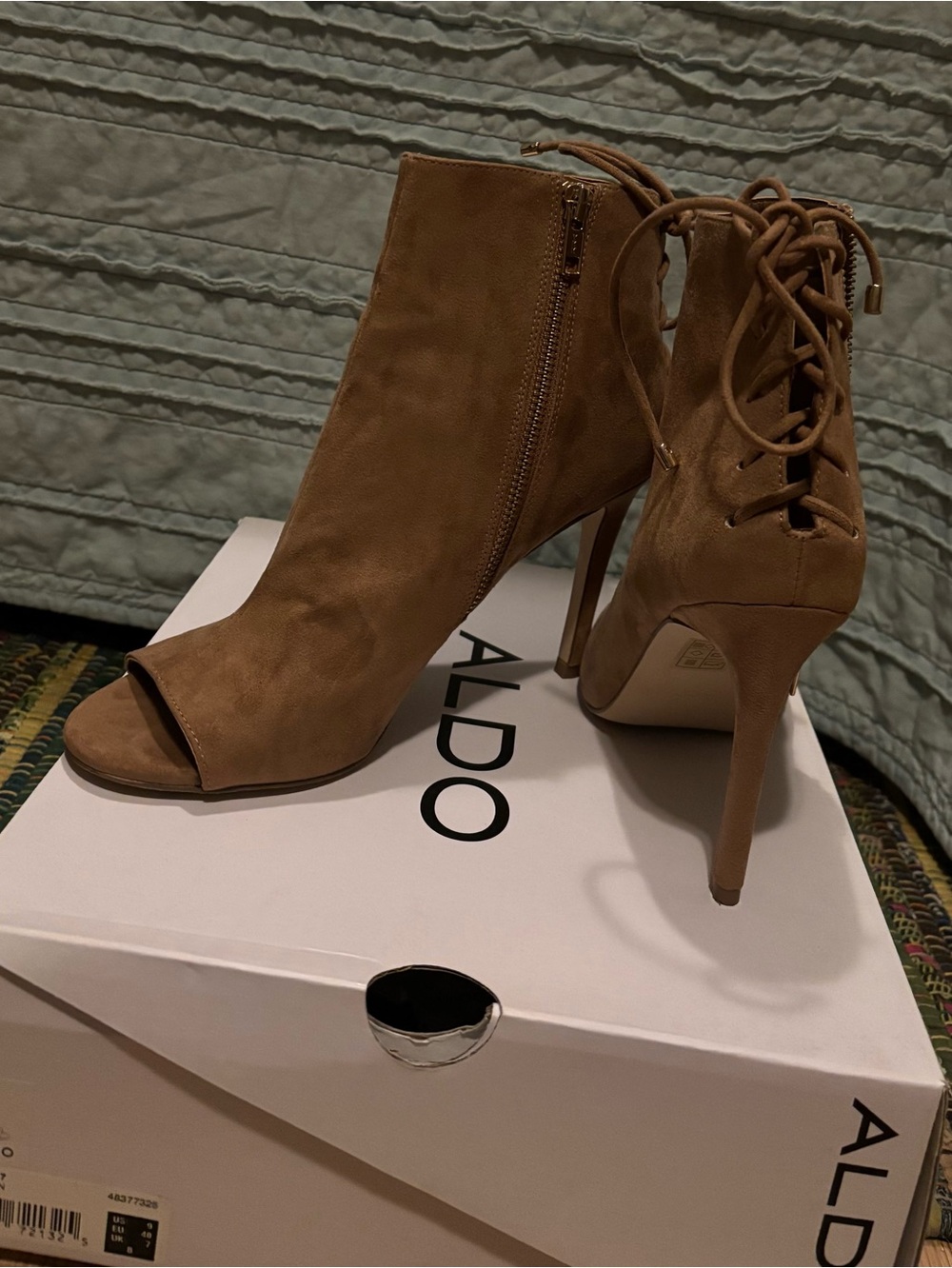 ALDO Tan Suede Peep-Toe Lace-Up Stiletto Ankle Boots
